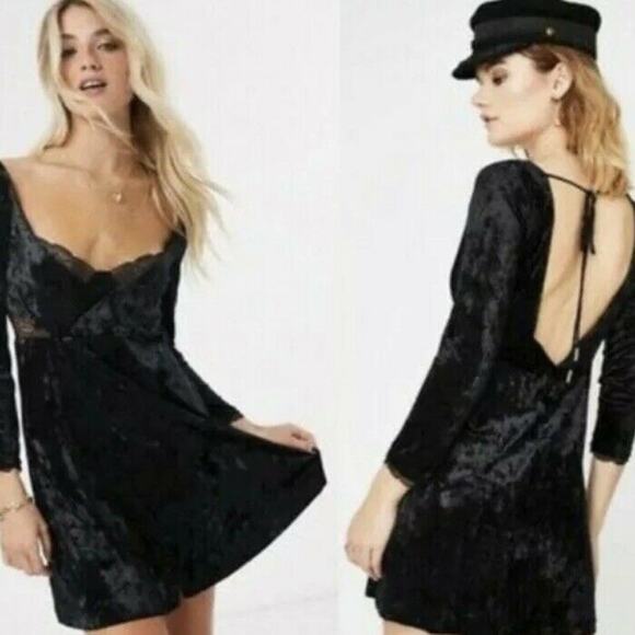 Free People Black Kat Velvet Mini Dress XS New - Picture 1 of 12
